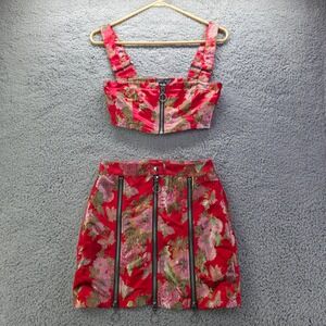 Current Mood Dolls Kill Red Floral Brocade 2 Piece Crop Top Mini Skirt Set XS